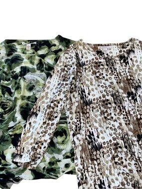 JM Collection Mixed-Print Long Sleeve Tops in Green & Brown